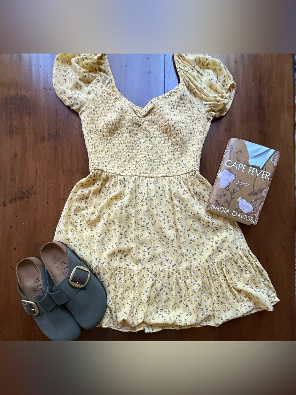 Hollister Yellow Smocked Top Peplum Sleeve with a Ruffle Hem and Floral Detail